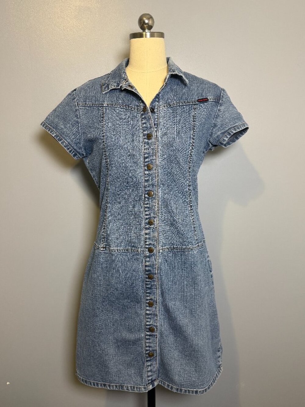 FUBU Y2K Denim Mini Dress Button Front Collared Size S